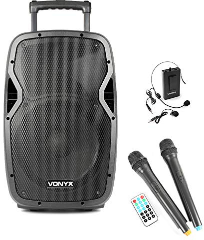 Vonyx AP1200PA 12 Portable PA Speaker System with Wireless Handheld, Lavalier & Headset Microphones, Bluetooth, Rechargeable Battery, USB/SD MP3 Player, 600W Power & Adjustable Sound EQ
