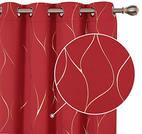 Deconovo Blackout curtains, Eyelet Gold Wave Foil Printed Curtains, Thermal Insulated Curtains for Girls Bedroom, 46 x 54 Inch (Width x Length), Red, One Pair