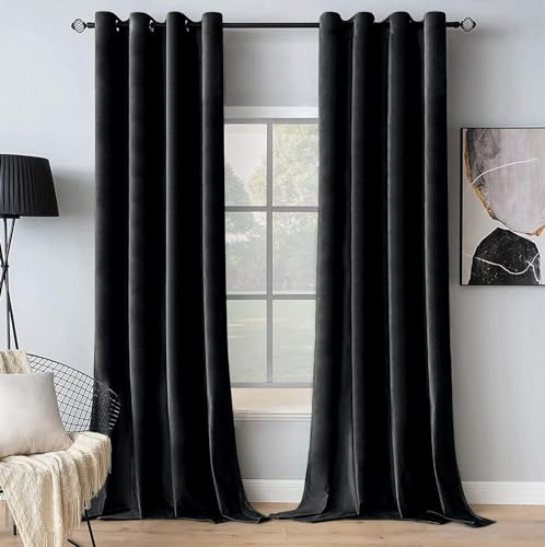 MIULEE Black Velvet Curtains for Bedroom 2 Panel Set 96 Inch Drop Curtains, Soft Elegent Home Decor Velvet Curtain Living Room, Sun Blocking Room Darkening Thermal Eyelet Curtain 55x96 Inch