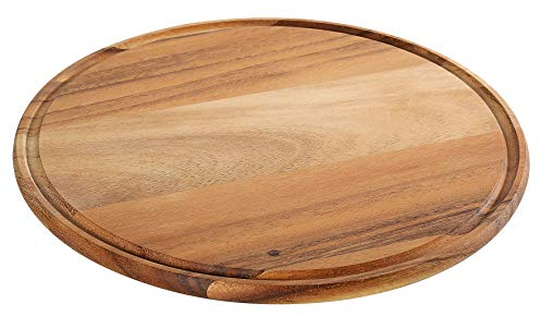 Zassenhaus Plato para pizza de 33 cm de diámetro, de madera de acacia, cultivado de forma sostenible, bandeja de madera redonda con ranura para zumo, para servir pizza o pasteles flameados, tabla de