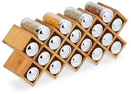 Relaxdays Etagère à épices en bambou, avec 18 pots à herbes, sur pied, HLP: 19 x 42 x 10,5 cm, support cuisine, nature