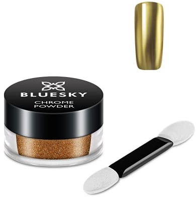 Bluesky Chrome Nail Powder 5g with Applicator Brush, Gold Metallic | Buff it over a cured no-wipe top coat and flat colour turns into a warm mirror finish that reflects the room back at you.