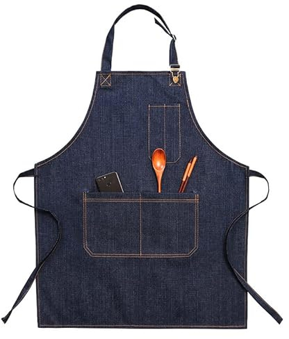 Tablier de chef en denim, tablier de travail en jean, tablier de cuisine pour homme et femme avec sangles réglables et grandes poches pour salon, barbier, barbecue, barbecue, bleu, taille M
