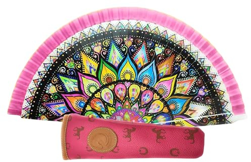 Planta Color Abanico de Mano Plegable con Funda. Preciosos Dibujos de Flores y Colores. Abanico Flamenco Español con Funda Decorar (Rosa Borde Naranja)