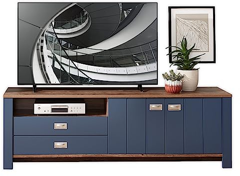 DIJON TV-Lowboard in Parisian Blue, Haveleiche Cognac Optik - Moderner TV Schrank mit Schubladen und viel Stauraum für Ihr Wohnzimmer - 194 x 63 x 45 cm (B/H/T)