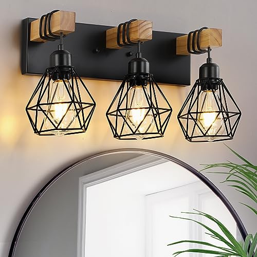 Farmhouse Vanity Light for Bathroom, 3-Light Wood Bathroom Vanity Light Fixtures Over Mirror, Rustic Sconces Wall Lighting with Metal Lampshade for Living Room, Bedroom, Hallway