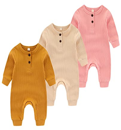 Chamie Baby sparkdräkt nyfödd stickad overall långärmad baby pojkar flickor fotlös endelad kostym, 0-24 månader, Gul + rosa+mandel baby flicka bodysuit, 18-24 månader