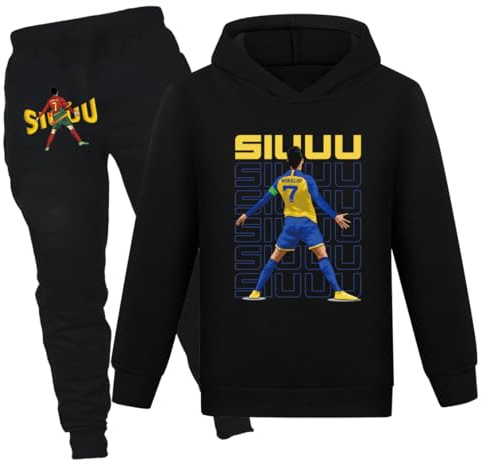 Kit de football unisexe pour enfants Survêtements décontractés Sweat à capuche de football et pantalon Ensemble 2 pièces, noir 01, 9-10 ans