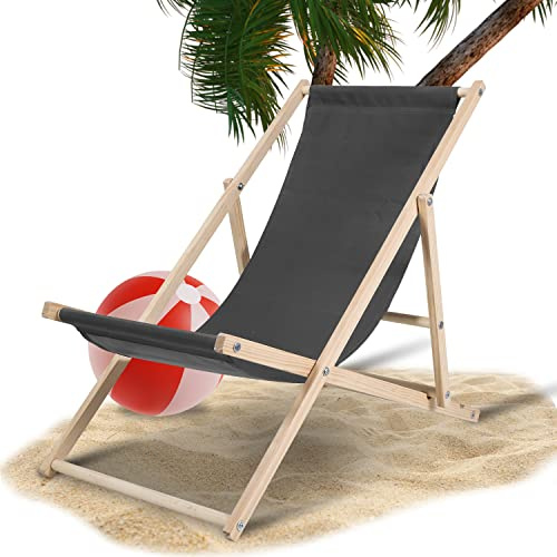 Tubiaz Liegestuhl 120kg Belastbar Strandstuhl Holz,Gartenliege Klappbar wetterfest,Verstellbar Liegestuhl Garten Sonnenliege Holz Relaxliege Garten für Camping Balkon Pool,Grau