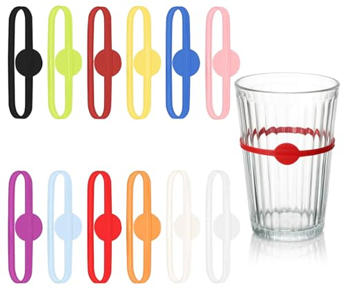JINTANG Glasmarkierer, 12 Pcs Glasmarkierer Party, Silikon Bunte, Wiederverwendbare Glasmarkierung Trinkgläser, für Weinglas Flasche Cup Trinkglas Cocktail Bar Party Dekoration