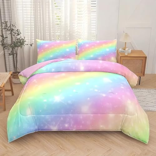 Tabeskly Kids Girls Rainbow Bedding Duvet Covers Set Double, Cute Soft Zipper Childrens Full Bed 3 Piece Quilt Covers and Pillowcases Small Mildly Cosy Budget Bedclothes 200×200cm