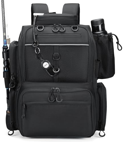 Rabjen Fishing Tackle Backpack with Rod Holders, Bottle Holder, Storage Bag Store Fishing Gear