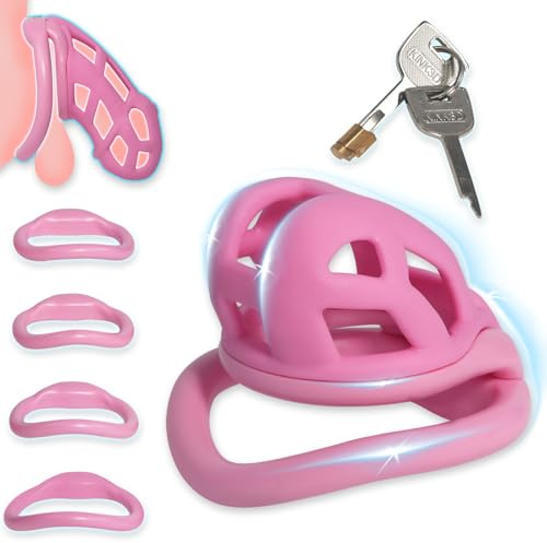 Cage de Chasteté en Résine Cage de Pénis pour Jouets Sexuels Masculins avec Quatre Anneaux de Taille Différente et Verrou Invisible Incrusté SM Extreme Bondage Penis (S,Pink)