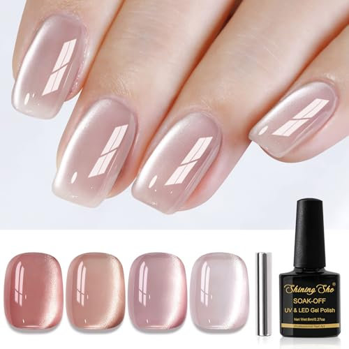 Shining She Esmalte Semipermanente de Uñas en Gel UV LED,4 Colores Jelly Cristal Nude Rosa Ojo de Gato Cat Eye Gel Polish Set con Imán para Principiantes Art DIY,8ML