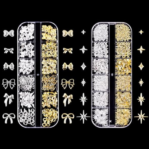Gold Silber Nagel Charms,2Boxen 24Raster Stern Schleifen Nägel Charm Nail Studs,Punk Metall Legierung Nagel Edelstein Bogenknot Nagelkunst Dekorations Zubehör für Nagel Design DIY Basteln