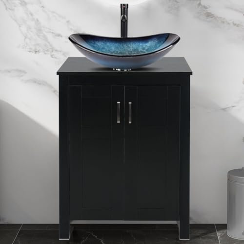 Moderno armario de baño con lavabo de 60 cm, color negro, de pie, con recipiente de cristal azul, elegante almacenamiento