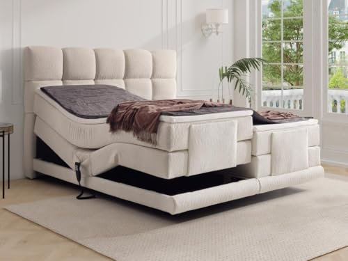 Vente-unique-Boxspringbett mit Bett-Kopfteil + elektrisch verstellbare Lattenroste + Matratzen + Topper - 2 x 80 x 200 cm - Bouclé-Stoff - Beige - OMILA von Palacio