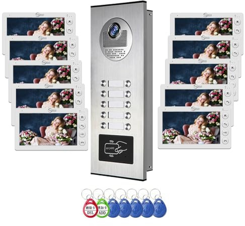 Verdrahtete Video-Sprechanlage für Wohnungen, 10 Einheiten 7-Zoll-Monitor-Video-Türsprechanlage, Indoor Outdoor-Video-Türklingel, ID-Karte entriegeln, 2-Wege-Audio für Haus Wohnung (zehn Monitor)