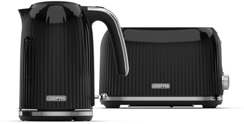GEEPAS 1.7L Kettle & 2 Slice Toaster Kitchen Combo Set | 3000W Rapid Boil Cordless Kettle Auto Shut-Off | 1750W Toastie Machine 6 Browning Level Removable Crumb Tray Cord Storage | 2 Yr Warranty Black