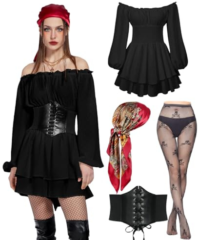 kasahara Piratdräkt för kvinnor, medeltida off shoulder, overall med korsett, strumpor och bandana - sexig dräkt för halloween, karneval, festival och cosplay (svart, M)
