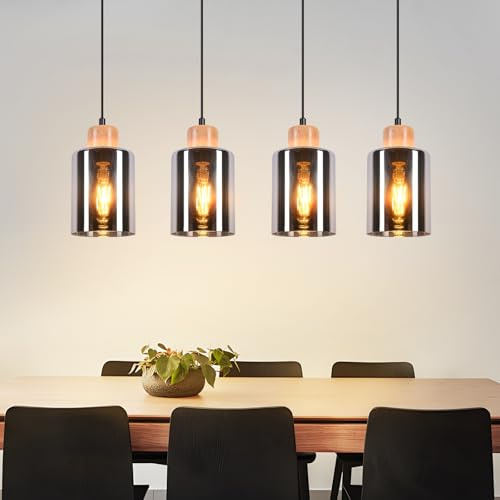 Kowanie Pendelleuchte esstisch Hängelampe E27: Esstischlampe hängend Holz | Esszimmerlampe 4 flammig retro Vintage Hängeleuchte Rauchglas Pendellampe für Esszimmer Küche - Ohne Leuhctmittel