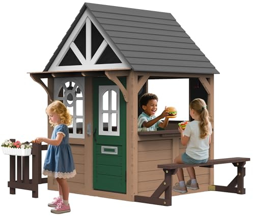 Seizeen Outdoor Play House for Kids, Fir Wooden Kids Playhouse Outdoor Indoor Cottage Toddler Playhouse with Kitchen, Dutch Door, Bench, Flowerpot Holders, Working Doorbell, Pet Hole, Clock