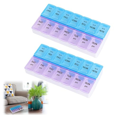 2 Stück Pillendose 7 Tage 2 Fächer, Zweireihig 14 Fächer Medikamenten Organizer, Pillendose 7 Tage 2 Fächer, 13,5×7×2,5 cm, mit Morgen Nachmittag Englischer Erinnerung, Druckknopf Design, für Pillen