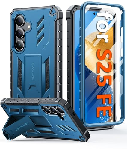FNTCASE for Samsung Galaxy S25-FE Case: with [Built-in Screen Protector & Kickstand] [Military-Grade Drop Protection] Heavy Duty Protective Full Body Shockproof TPU Phone Cover Blue
