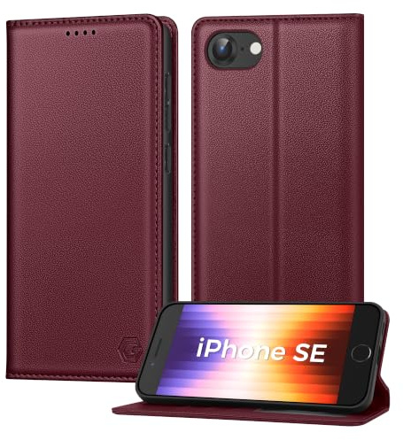 Kirnntca Handyhülle für iPhone SE 2022/2020 iPhone 8/7 Hülle, Kartenfach Premium PU Leder Klapphülle Schutzhülle, Standfunktion Tasche Flip Case für iPhone SE 2022/2020 iPhone 8/7 - Wein Rot