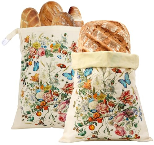 Tolvenza 2 Pack Beeswax Bread Bags for Sourdough and Homemade Bread, XL 17x13in Reusable Cotton Storage Bags, Botanical Print Double-Layer with Beeswax Lining, Easy to Clean Artisan Bread Keeper