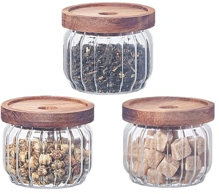 Eden & Willow Ribbed Airtight Glass Kitchen Storage Jar with Acacia Wooden Lid - Pantry Organisation Canisters for Coffee, Tea, Sugar, Flour, Pasta, Spices, Grains, Oats (3, 300ml)