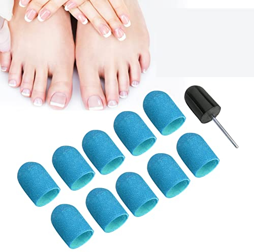 Schleifkappen Fusspflege, 10 Schleifkappen + 1 Kappenträger Set, Elektrischer Nagelbohrer Pediküre Maschinenzubehör, Kappenschleifer Nagelfräser Aufsatz Set für Nagel und Fußpflege (Blau)