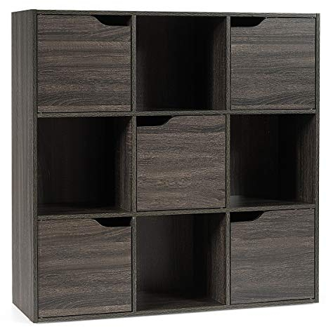 GIANTEX Bücherschrank mit 9 Fächern, Bücherregal Würfelregal mit 5 Türen, Holz Standregal Büroregal freistehend, Aufbewahrungsregal für Bücher, DVDs, Spielzeuge (grau)