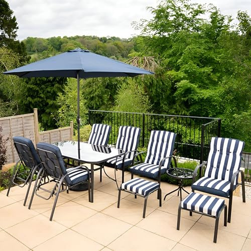 Hectare 6 Seater Metal Garden Furniture Outdoor Dining Set with Side Table Footstools and Parasol in Navy and White Stripe