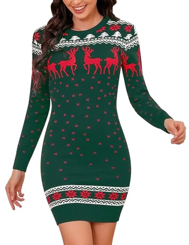 Totatuit Jul jumper klänning för kvinnor nyhet ren snöflingor stickade damer julklänning långärmad rund hals jultröja pullover stickade kläder, Mörkgrön, S