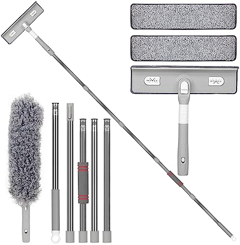 VORHOT 2 in 1 Lavavetri Telescopico, 210cm Trgivetro per Doccia Silicone con 2 Panni in Microfibra, 180° Rotante Pulisci Vetri, Spolverino per Polvere, Tergipavimento per Auto Vetro Alte