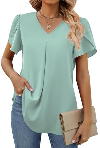 Funlingo Blouses for Women Business Casual Short Sleeve Spring Tunics Tops Plus Size Ladies Dressy Shirts for Office Work Maternity Tops Loose Fitted Aqua-Green 2XL
