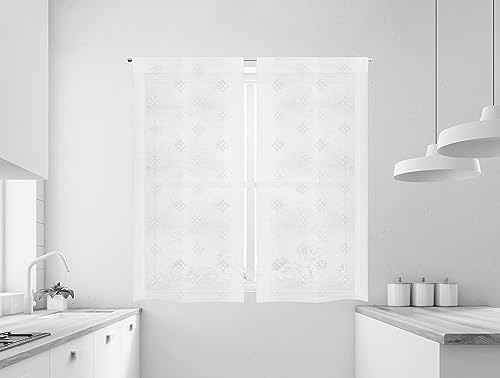 IlGruppone Coppia Tendine Tende A Vetro Ricamate Semitrasparenti Finestre Porta Finestra Cucina Bagno 60 x 150 Cm o 60 x 240 Cm MOD Cleme - Natural - 60x240 cm