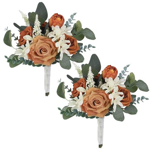 Rinlong 2Pcs Herbst Brautjungfer Bouquet Burnt Orange Hochzeit Blumensträuße für Brautjungfern Künstliche Blumen Boho Terrakotta Hochzeitsstrauß