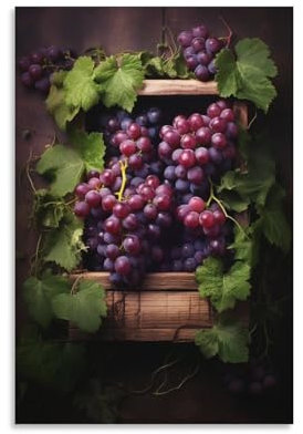 FOCCAR Rustic Grapes Wall Art Canvas Prints Purple Fruit Leaf Basket Farmhouse Pictures on Canvas Poster Wall Decor for Home Decorations