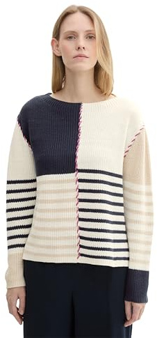 TOM TAILOR Suéter 1043179 para Mujer, 36469-Azul Marino de Punto de Rayas parchadas, XL, 36469 - Punto de Rayas con Parches Azul Marino, XL