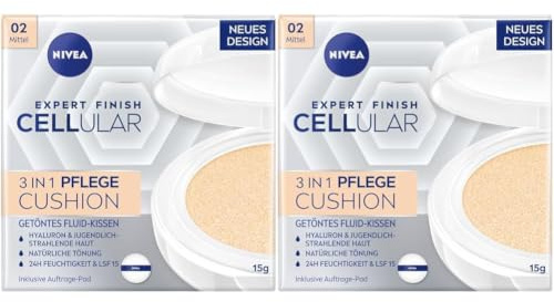 NIVEA Cellular Expert Finish 3in1 Pflege Cushion für mittlere Hauttöne 2er-Set (2 x 15 g), Make-up mit Hyaluron, Kollagen-Booster und LSF 15, feuchtigkeitsspendende Cushion Foundation