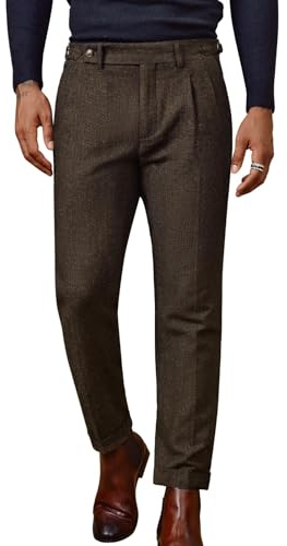 PJ Paul Jones Pantaloni Vintage da Uomo in Tweed a Spina di Pesce Pantaloni a Pieghe, Marrone, L