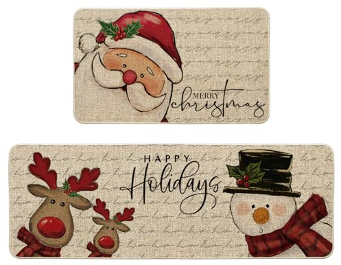 Artoid Mode Schneemann Rentier Weihnachtsmann Weihnachten Küchenteppich 2er Set, Waschbar Küchenmatten Für Innen Außen Dekor - 43x73 and 43x118 cm