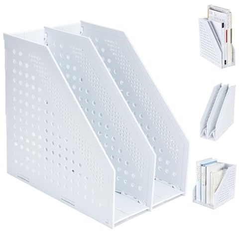 FRETONBA Porte-revues pliable, Porte Revue Bureau avec 2 Compartiments, Classeurs à Revues de Grande Capacité, Rangement Papier Vertical A4, Gris clair