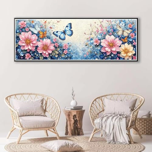 Flor Diamond Painting Grande 50 x 150 cm Diamond Painting Kit Mariposa, 5D Pintura de Diamantes para Adultos, Redondo Cristal Art Bordado Punto de Cruz Diamante Pintura, Hogar Pared Decoración P-215