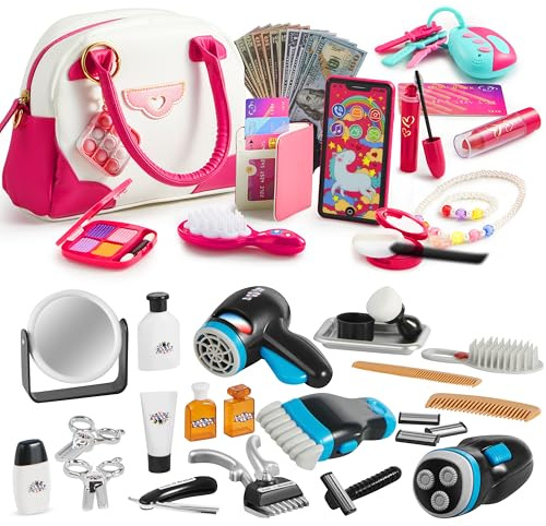 JOYIN 23 Pcs Barber Shop and Play Toy for Boys and SYNCFUN 27PCS and Play Purse Set for Little Girls, Haircut Kit for Boys, Princess Toy Set with Handbags, Makeup, Phone, Wallet