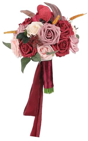 perfk Bouquet da sposa Fiori di rose artificiali Fiori finti Ornamento Bouquet da sposa Lancia bouquet per la cerimonia del festival dell'addio al nubilato, Rosso