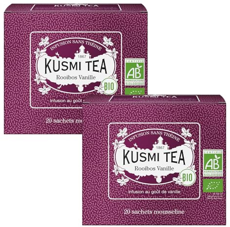 Kusmi Tea - Rooibos Vainilla - Té Rojo Orgánico - Infusión de Rooibos con sabor a vainilla - Tisana sin Teína - Disfrutar Caliente o con Hielo - Juego de 2 Cajas de Té - 2x20 Bolsitas de Té