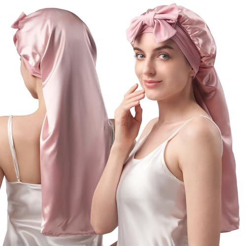 Umisleep 22 Momme 100% Soie de mûrier, Respirant, Doux Bonnet de Nuit pour Cheveux volumineux, Double Face, Large Bandeau réglable, Rose